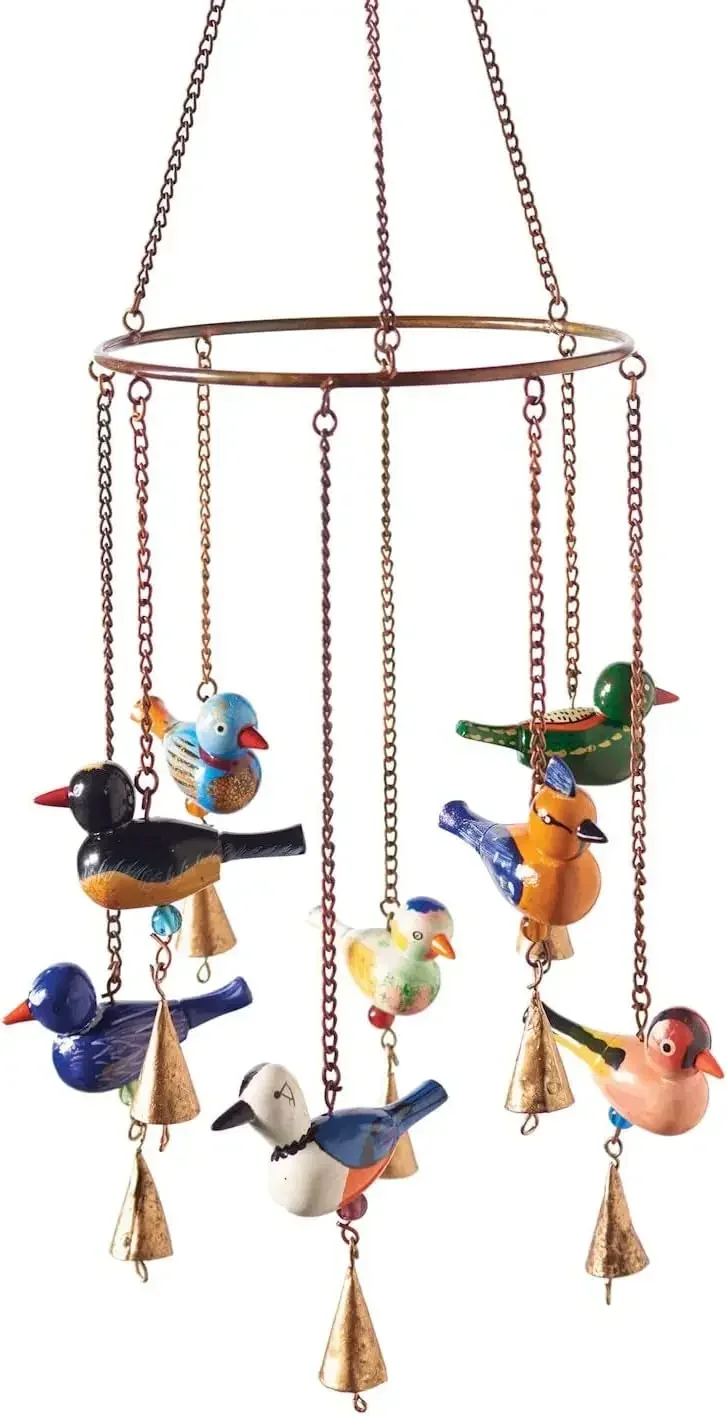

%a Birds Wind Chime - Hand-Painted Wood and Metal Windbells, Indoor/Outdoor Home and Garden Decor Windchime