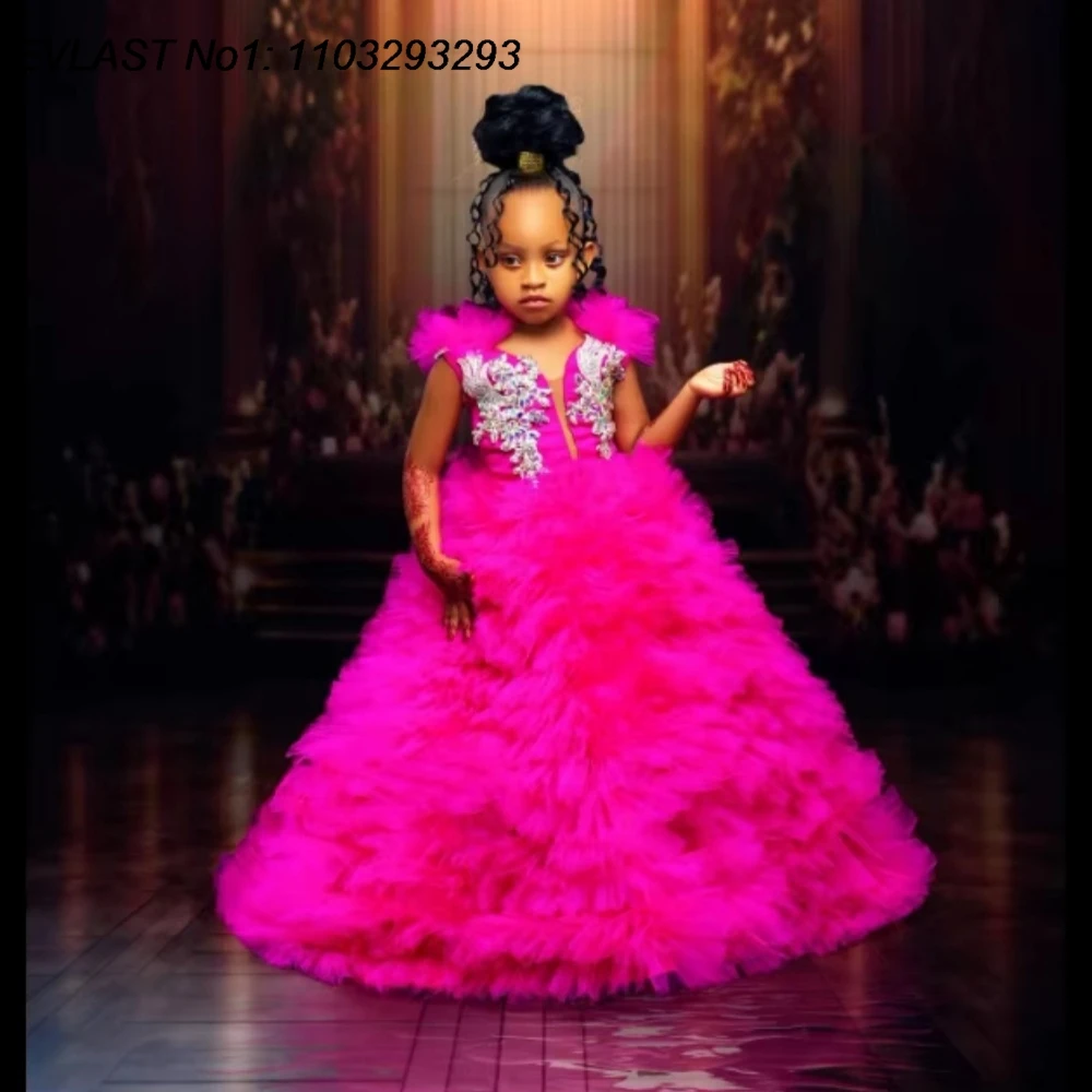 EVLAS Customized Fuchsia Kids Birthday Dress Appliqued Ruffles Flower Girl Dress for Wedding Baby Girls Photoshoot Dress TFD170