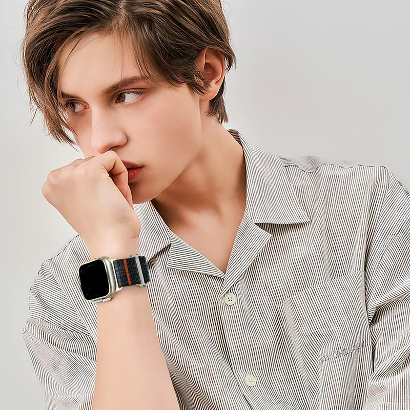 Apple Watch用ナイロンストラップ,iwatchシリーズウルトラ2、10、9、41mm、45mm、49mm、40mm、46mm、42mm用ストラップ,スポーツブレスレット8、7、6、4、5、se