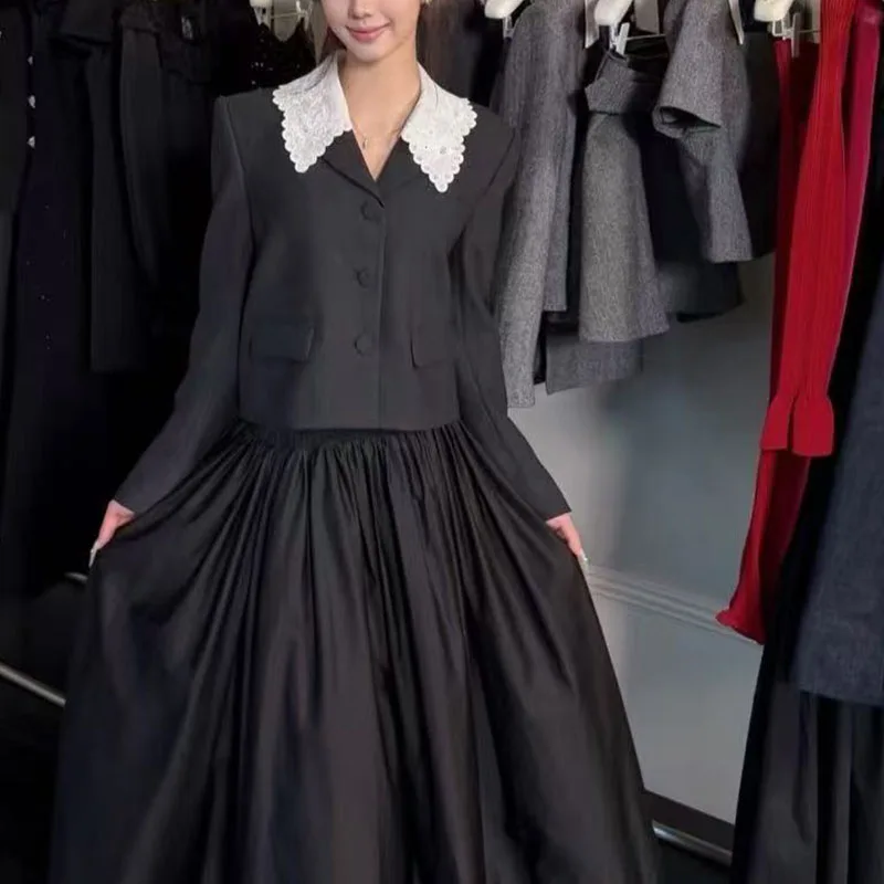 

Блейзер с кружевным воротником в стиле ретро, небольшой повседневный костюм в британском стиле, дизайн для похудения и завязывания талии, нишевый топ.