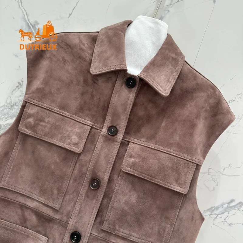 Winter Suede Leather Jacket with Lapel and  Pockets Oversize, 100% Genuine Sheepskin Gentle and Luxurious Fashion Women's Coat
