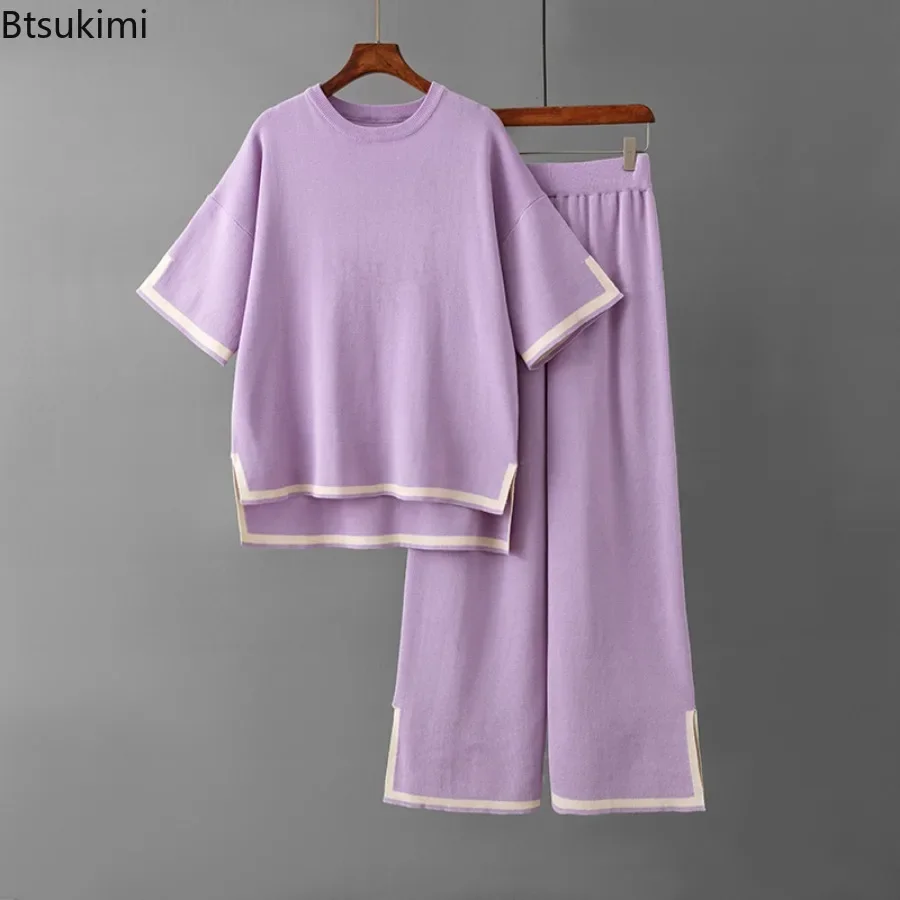 Haut à manches courtes et pantalon large taille haute pour femmes, ensembles de survêtement, col rond, mince, été, 2 pièces, 2025