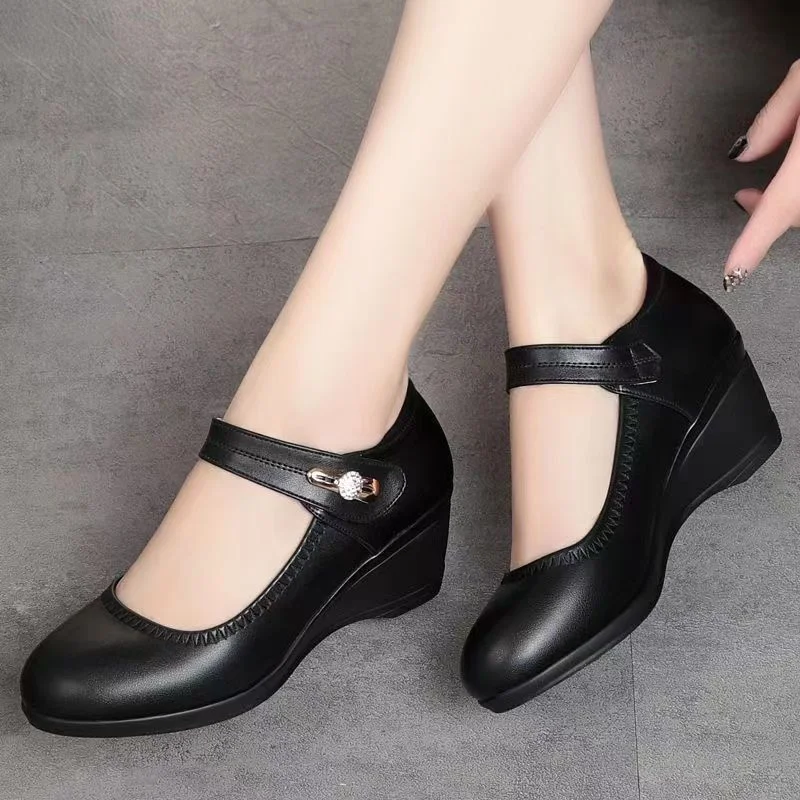 Cresfimix Women Cute Round Toe Black Patent Leather Height Increased Heel Shoes Lady Casual Street Spring Autumn Heel Shoes A818