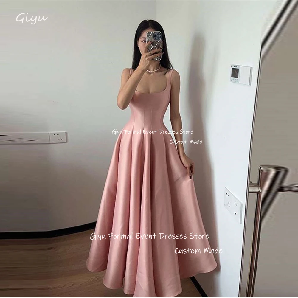 Giyu Simple Dusty Pink Evening Dresses Straps Square Neck Floor Length Prom Gowns Formal Occasion Party Dress Customized