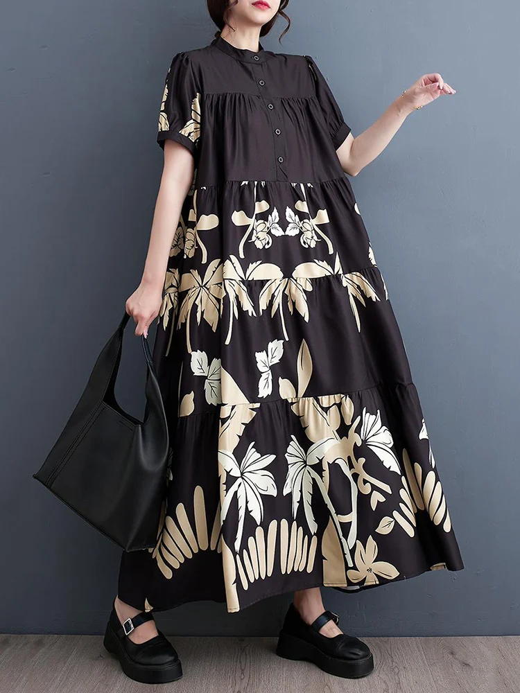 Short Sleeve Vintage Print Long Dresses For Women Summer New In Korean Fashion Loose Casual Dress Robe Elegant Clothing 2023