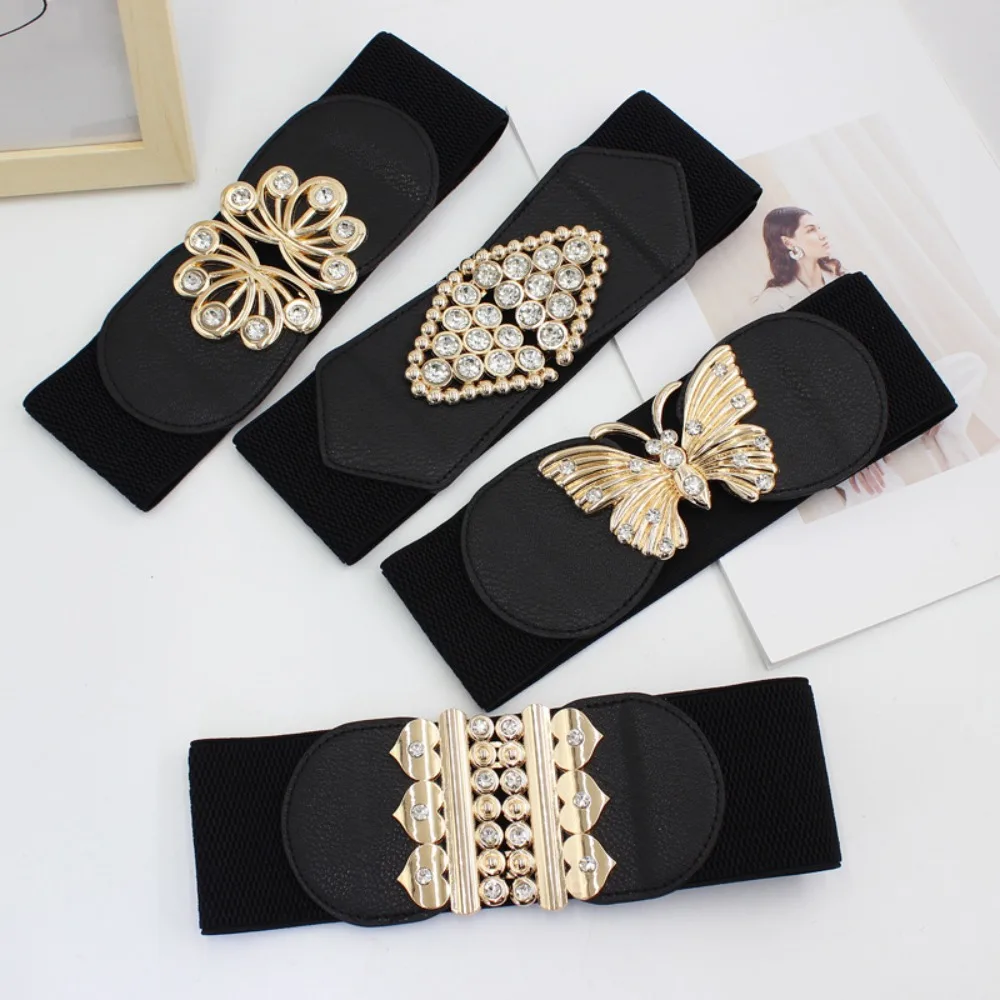 

Fashion Big Size Waistband Belt Metal Buckle Rhinestone Elastic Wide Belt Black Stretch Waistband Ladies