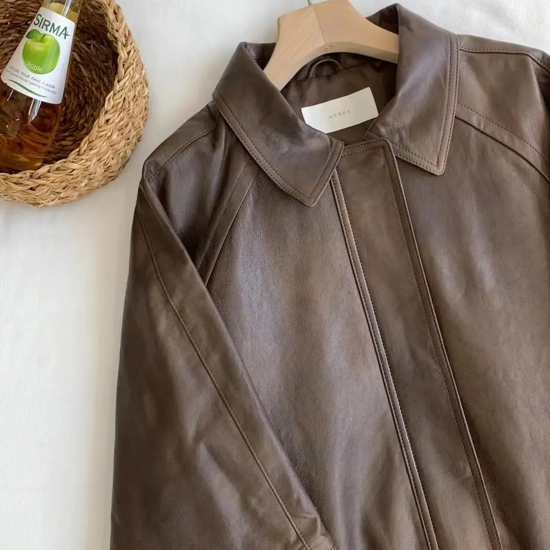 Jaet de cuero informal de alta calidad para mujer, Color puro, Retro Sle Dongda Gate Ounce, prendas de vestir exteriores defectuosas, para ir al trabajo, Sle Long...