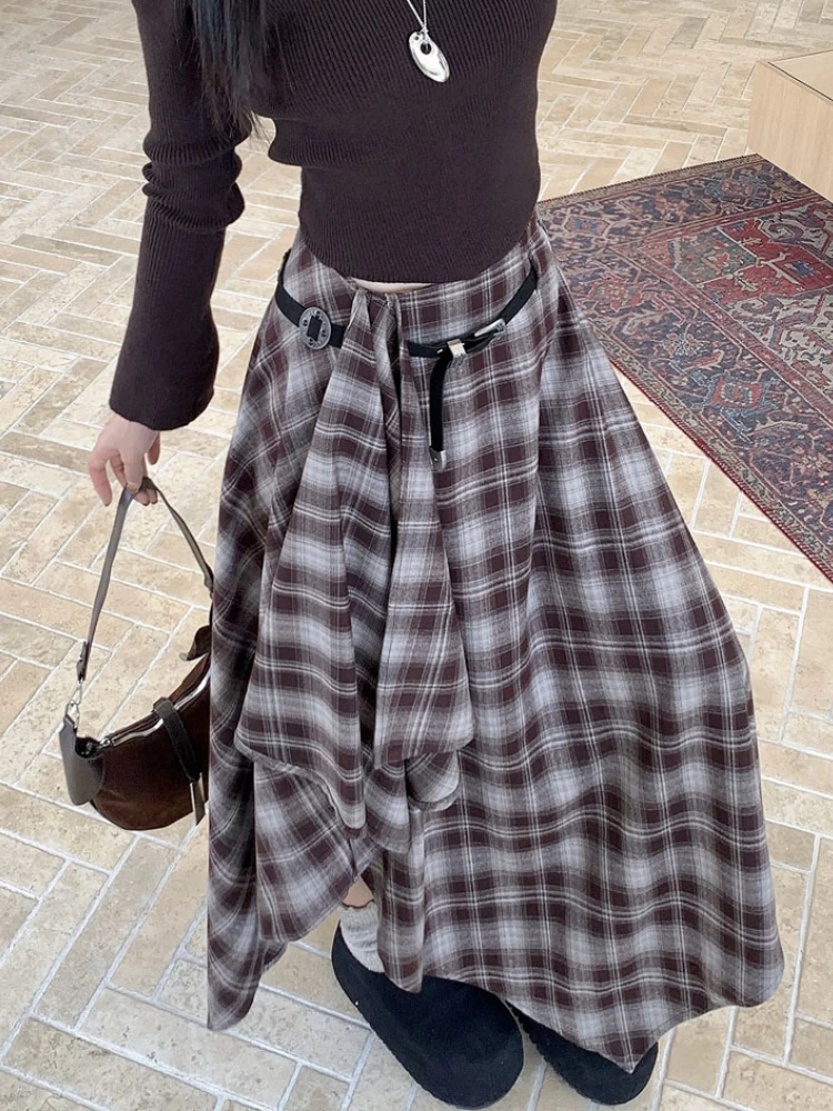 Qiukichonson Long Skirts Women Woolen Skirt 2025 Goth Autumn Winter High Waist Ruffles Asymmetrical Plaid Skirt Maxi With Belt