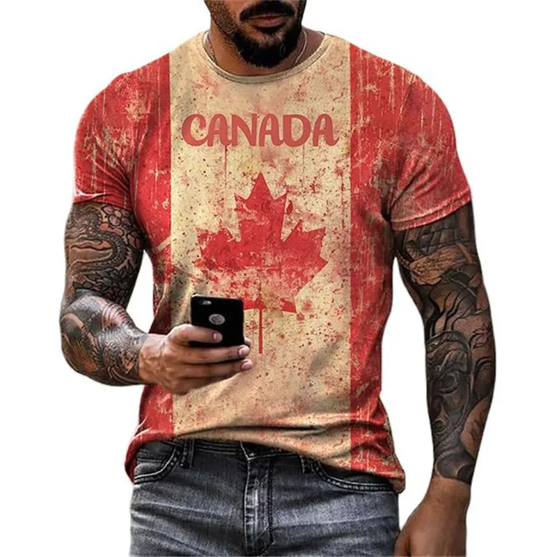 Men's T-Shirts Summer Round Neck Loose Short Sleeve Oversized T-Shirts Men Clothing Tops 3D Print Fashion Canada Maple Leaf Flag