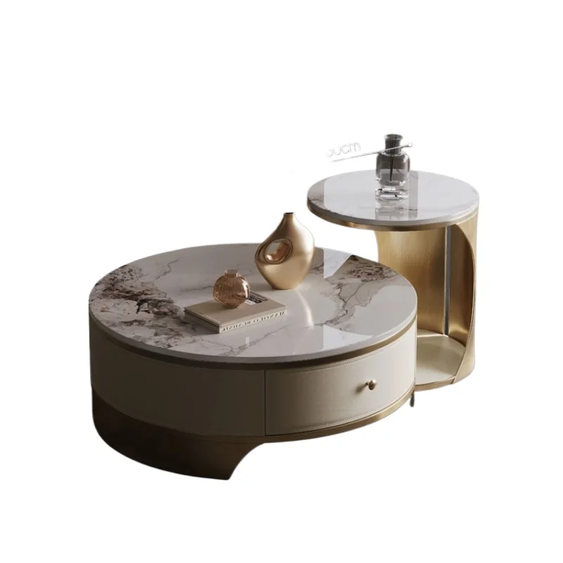 

~Современный элитный журнальный столик для маленькой квартиры, элитный атмосферный круглый комбинированный стол из каменной плиты для гостиной и дома