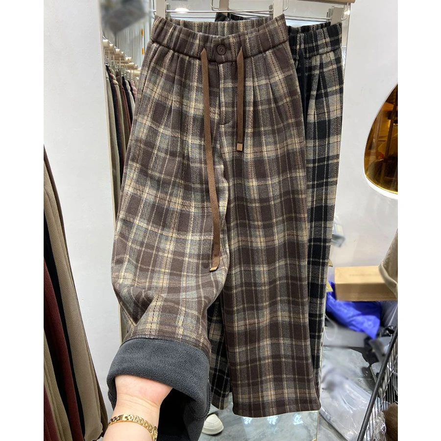 INS Thicken Plush Winter Plaid Pants Dark Brown Preppy Vintage Wide Leg Pants High Waisted Casual Trousers Full Length All-match