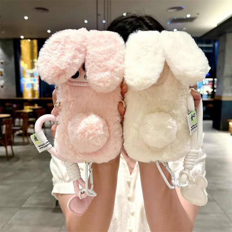 Warm Furry Bunny Ears Plush Phone Case With Lanyard For iPhone17 16 15 14Plus 13 12 11  Pro Max Cute Shockproof Cover