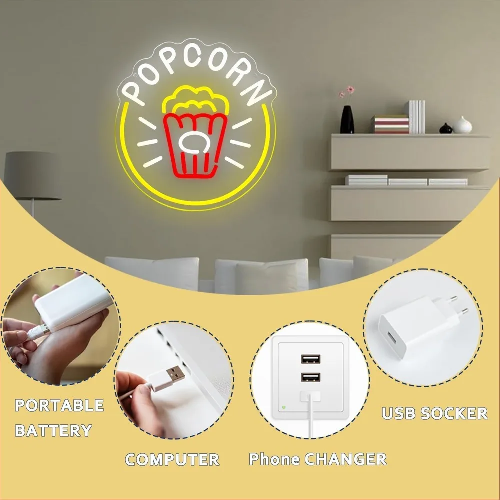 Popcorn Neon Sign,Dimmable LED Neon Light Home Theater Decor,for Popcorn Themed Party Kitchen Snack Decor,Gifts for Movie Lovers