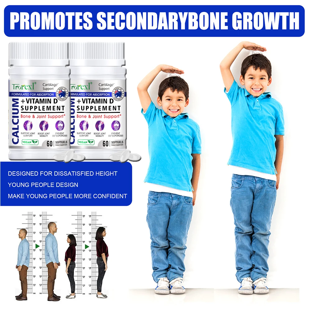 Height Growth Supplements Calcium Vitamin D Pills Grow Taller Bone Strength Growth Hormone Increase Height Natural Vegan Capsule