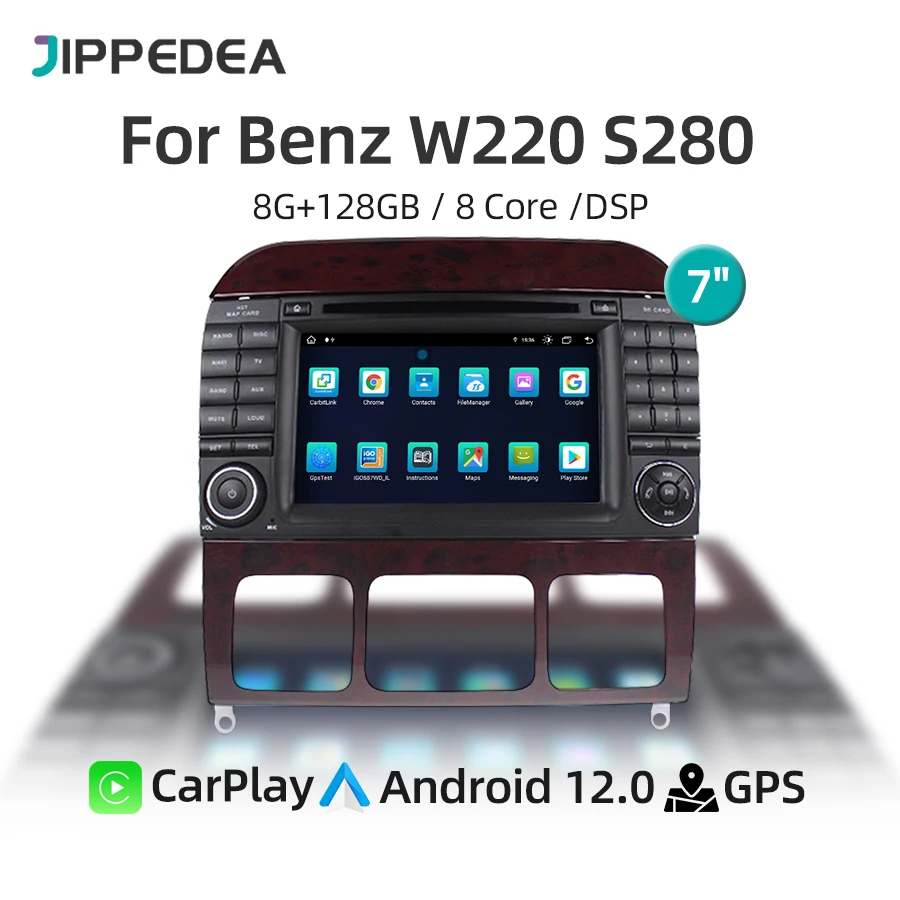 Car Radio For Mercedes Benz W220 S280 S320 S350 1998-2005 CarPlay Android 12 GPS Navigation 4G WiFi Multimedia Player DSP Stereo