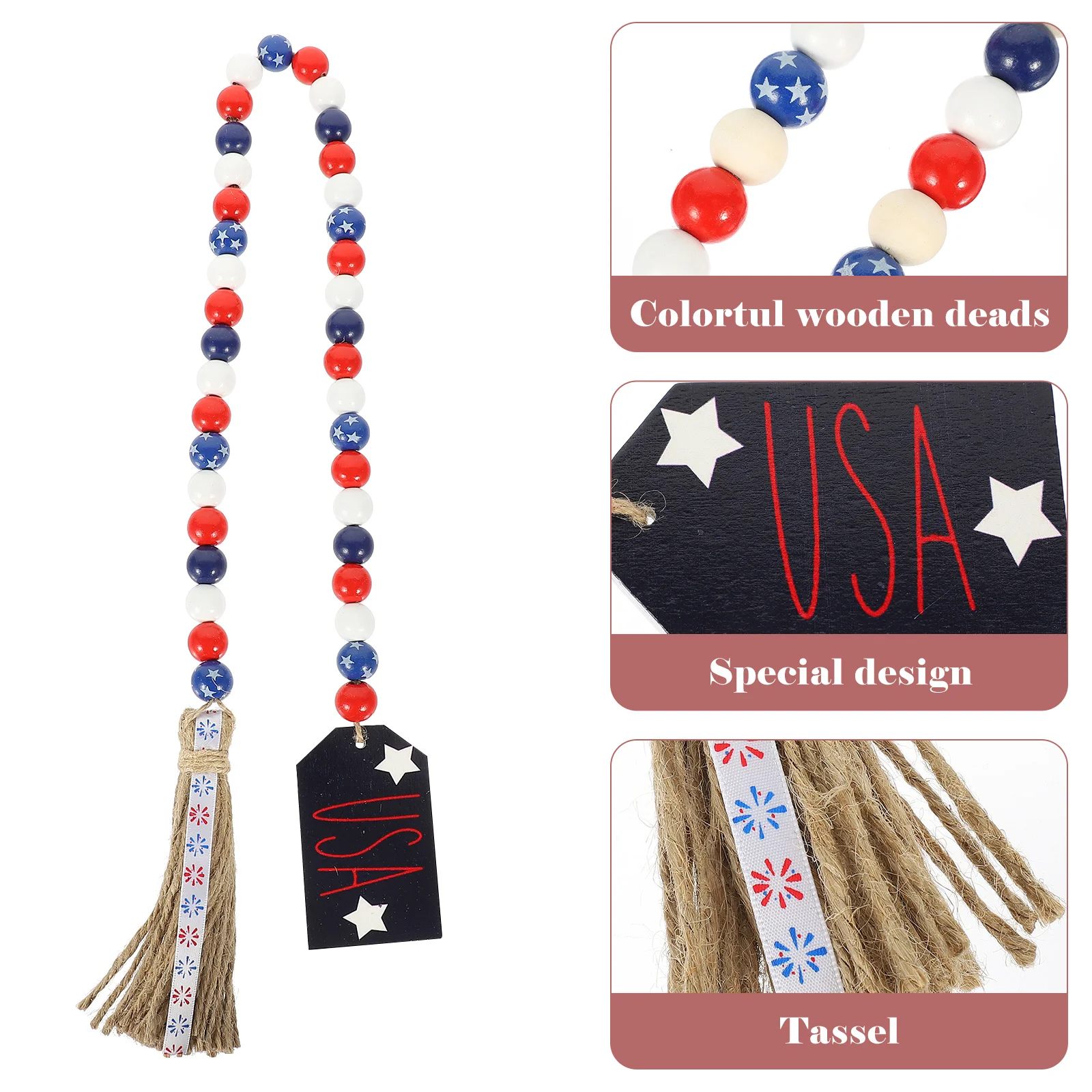 

Wooden Beads Garland Independence Day Tassel Rustic Hanging Pendant Farmhouse Wall Hanging Decorative String Party