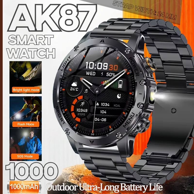

2025 AK87 Men's Military Smart Watch 1.7" HD Display 1000mAh Large Battery with LED Flashlight 100+ Exercise Modes Voice Calling