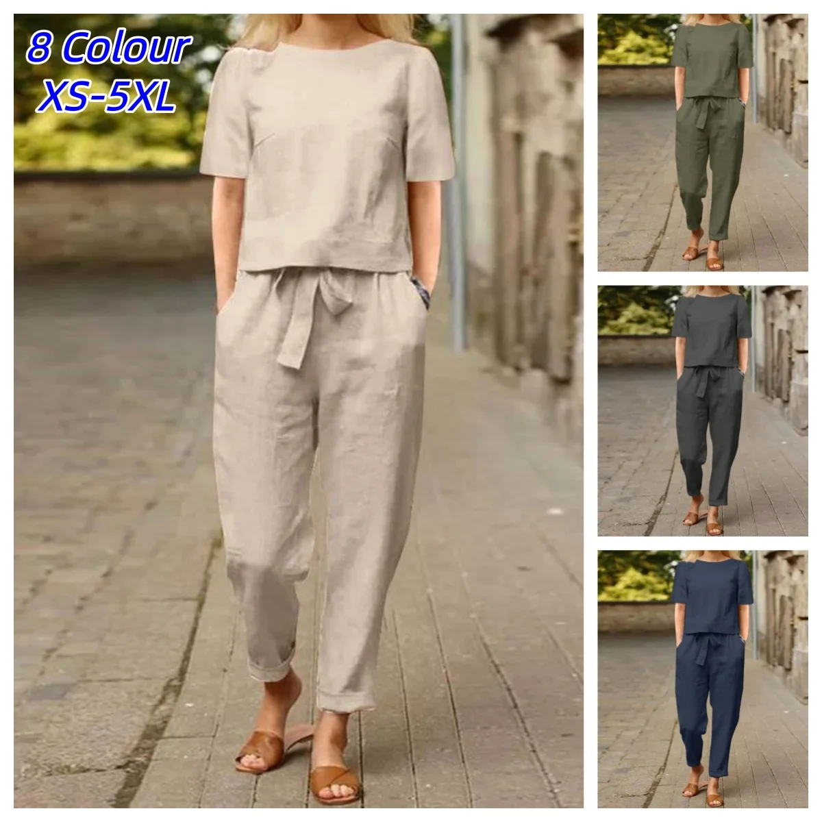 Women Summer Solid Matching Set Half Sleeve O-Neck Oversize Thin Blouse Wide Leg Pant Femme Holiday Elastic Vintage 2 Pcs Sets
