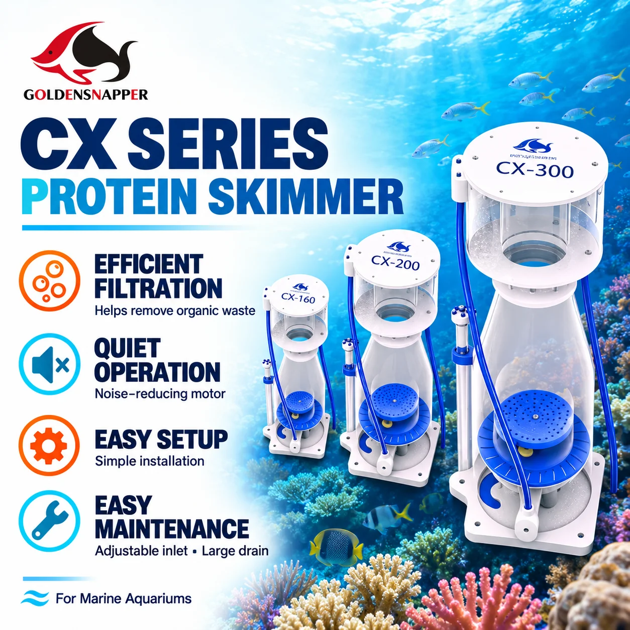 HUICHI CX Series Protein Skimmer Built-in Wave Maker Marine Saltwater Reef Aquarium Protein Separator Filter