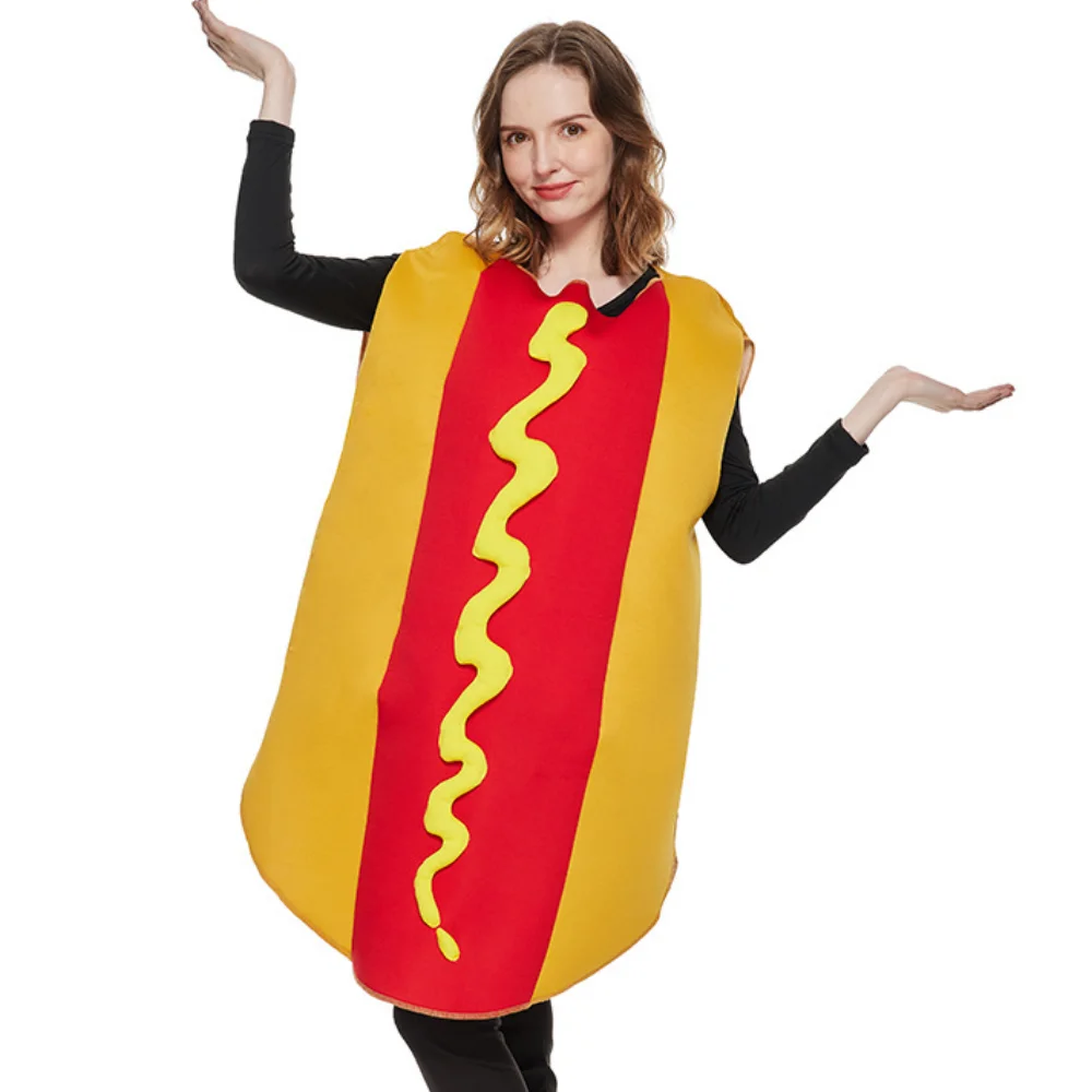Unisex Food Jumpsuits Adult Sponge Hot Dog Cosplay Costume Halloween Stage Role Play Clothes Purim Carnival Party Fancy Dress