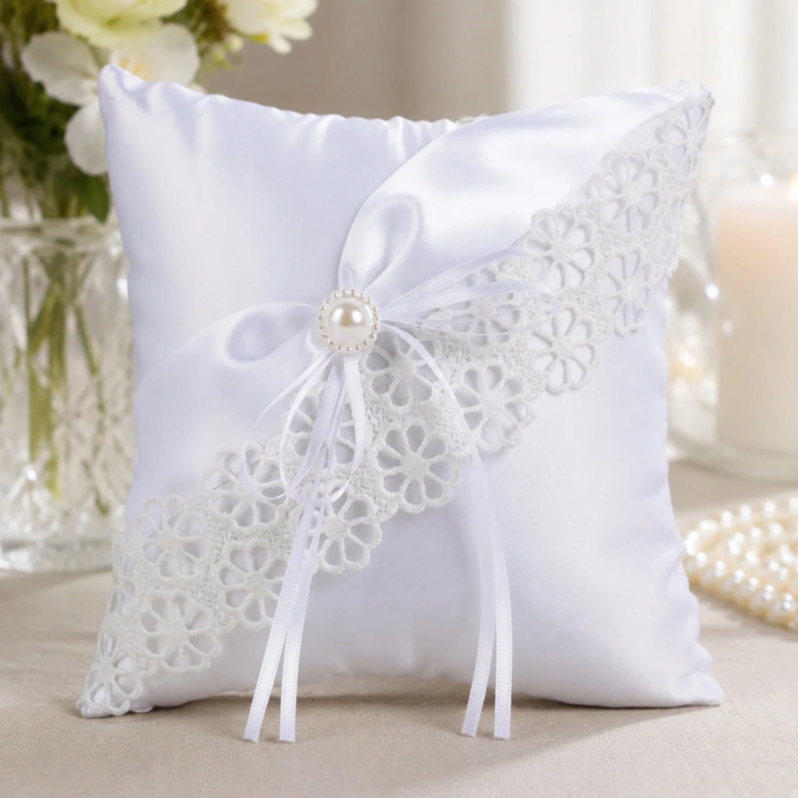 Wedding Band Pillow Satin Band Bearer Pillow Square Elegant for Bride, Photo Styling