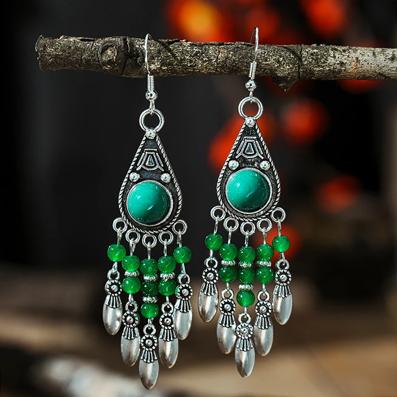 Vintage Ethnic Crystal Bead Water Drop Tassel Earrings for Women Elegant Handmade Silver Color Dangle Earring Female Jewelry