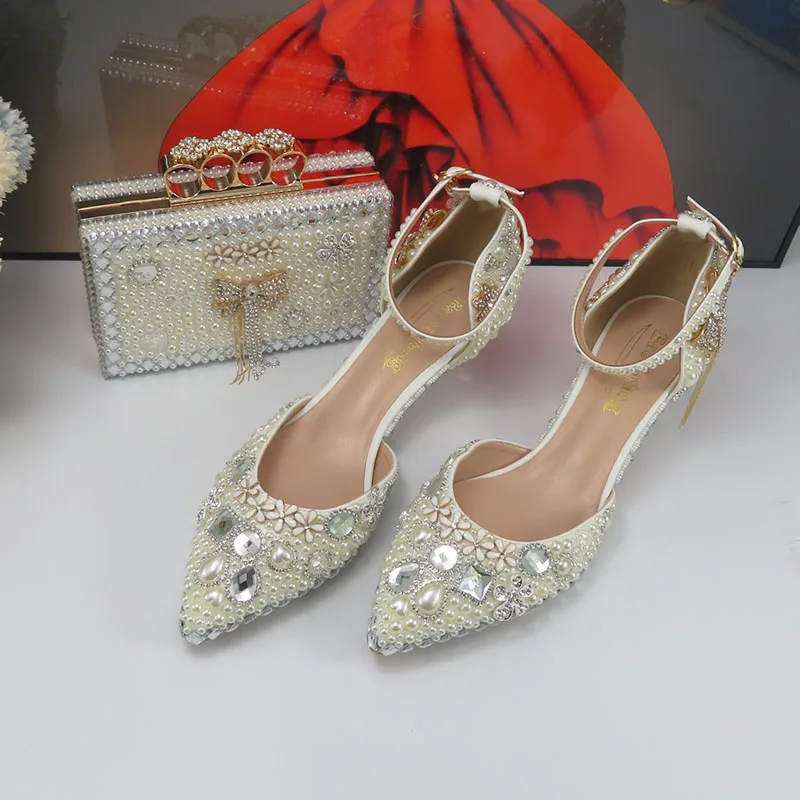 Ivory Pearl Bridals Party shoes and bag Set Thin Heel Pointed Toe Women Evening Party shoes Buckle Ankle Strap Shoe Bag Set