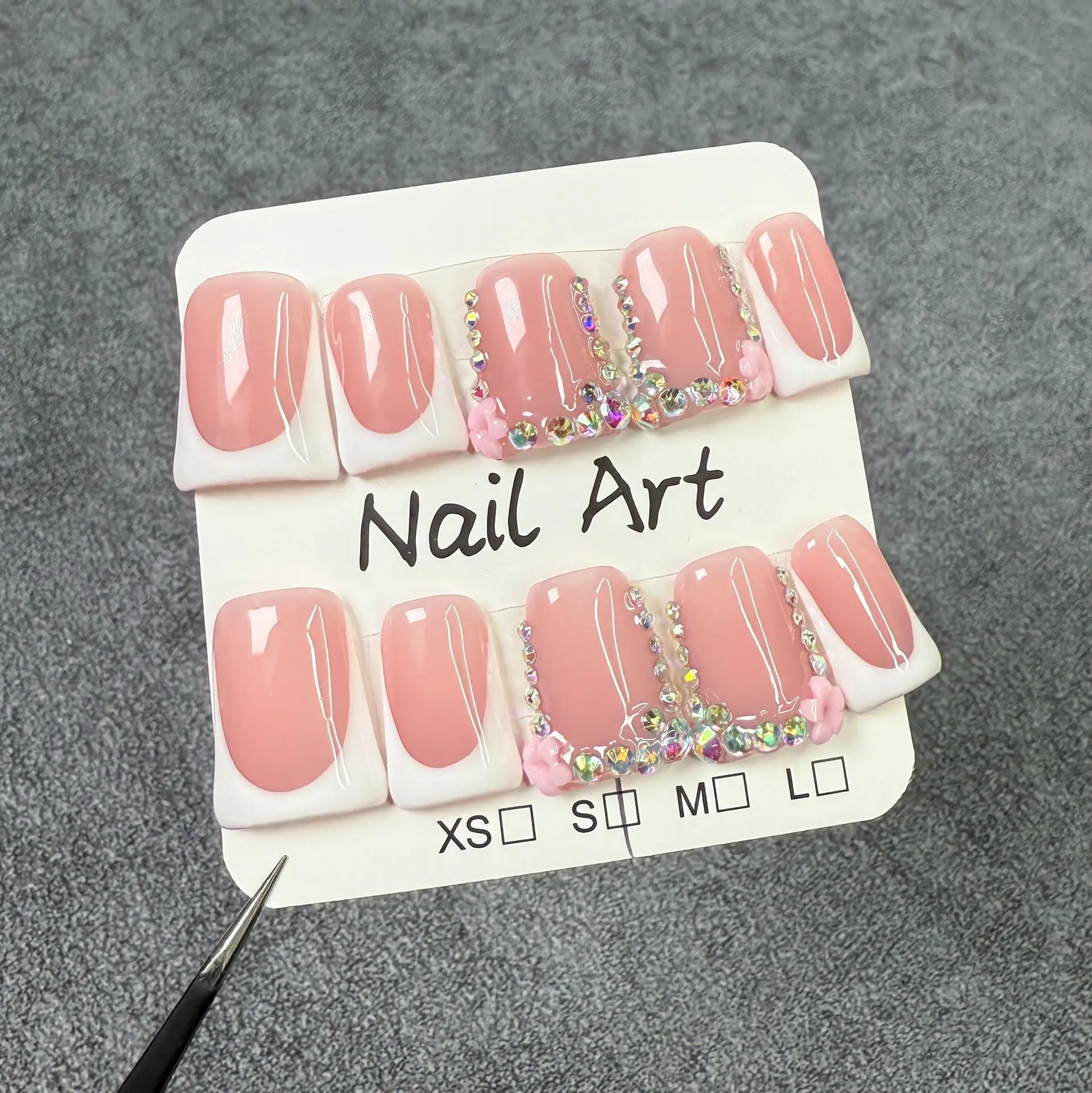10pcs Pink Duckbill Handmade Press on Nails Art Simple White French Short Fake Nail Wearable Rhinestones Design False Nails Tips