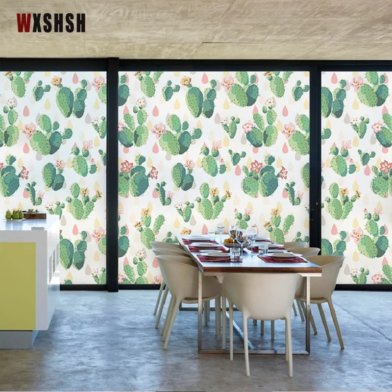 Cactus Pattern Electrostatic Window Film Custom Size Recyclable Home-Decor Heat Control Tint-Film For Home Office Reataurant