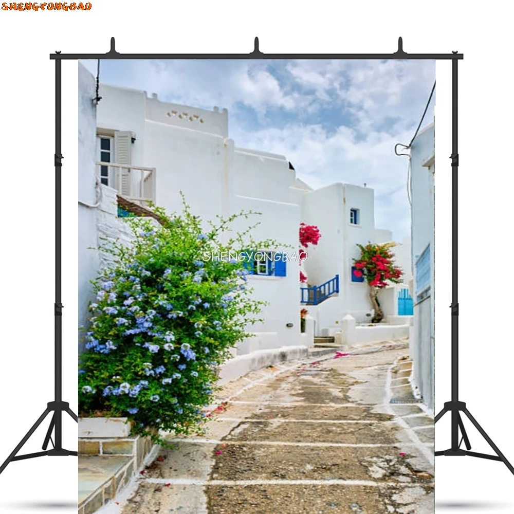 SHENGYONGBAO Santorin grec mer égée vacances fête décoration baie ville Architecture fleurs photographie fond XC-12
