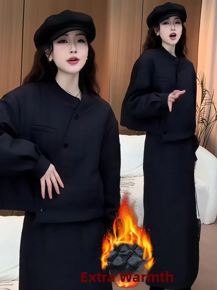 Korean Sle Commuter Cotton Jaet Skirt Set Women's Casual Winter Faion Tee-Piece Suit Warm Thiened Filling All-Over