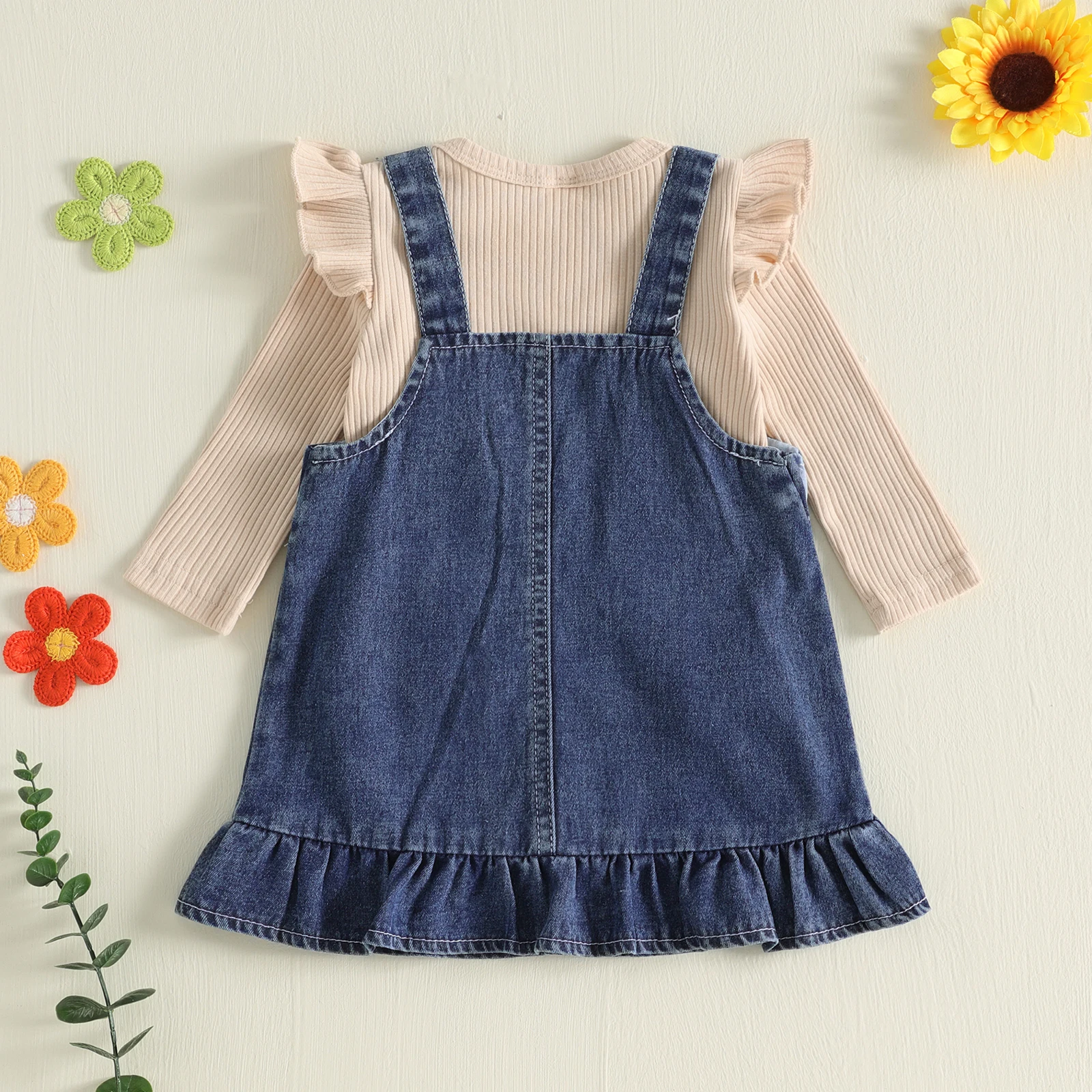 Baby Girl Fall Winter Outfit Fly Long Sleeve T Shirt Sleeveless 3D Flower Denim Dress 2Pcs Set