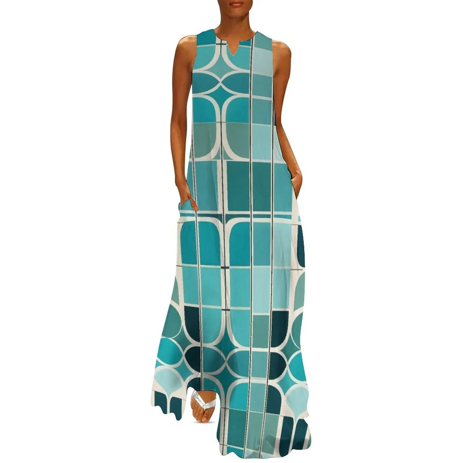 

Mid-century modern, Geometric Abstract, Aquamarine Long Dress women's luxury party dress dresses for woman 2025