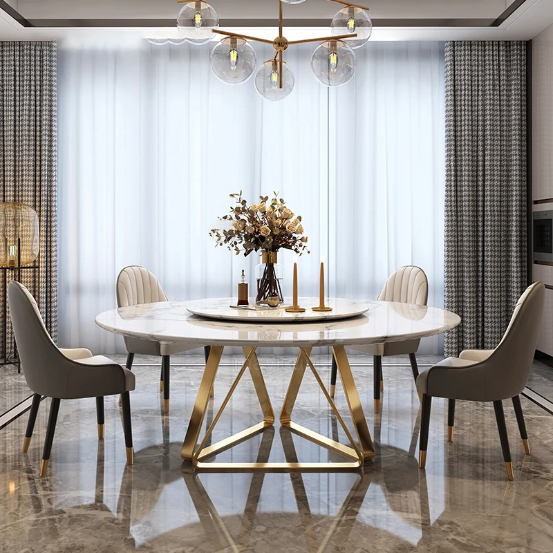 

Gorgeous Golden Dining Table Turntable Leisure Round Marble Kitchen Table Chair Villa High-End Italian Mesa De Jantar Furniture