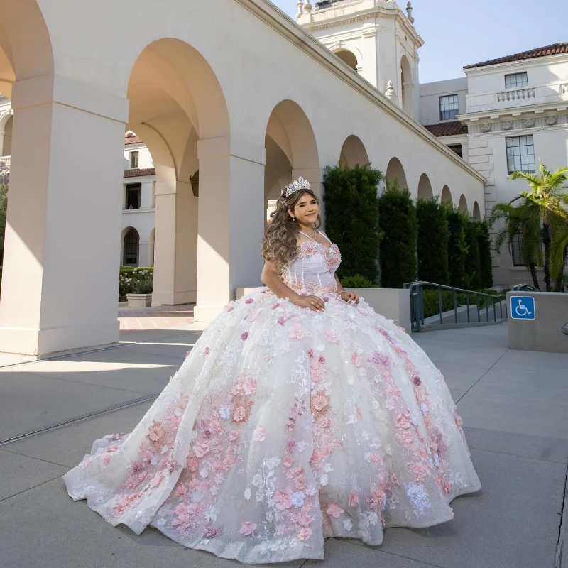 Lorencia Princess Pink Ball Gown Quinceanera Dress 2023 Flowers Appliques Beads Sweet 16 Dress Corset Vestidos De 15 Años YQD346