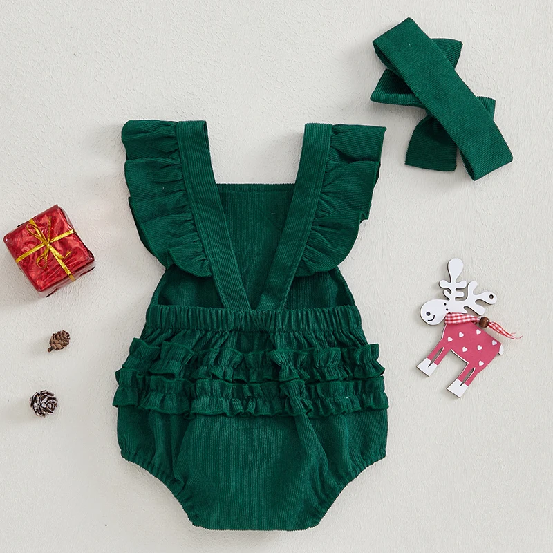 2024-08-02 Lioraitiin 0-18M Baby Girls Christmas Jumpsuit Flying Sleeve Elk Embroidery Rompers with Headband