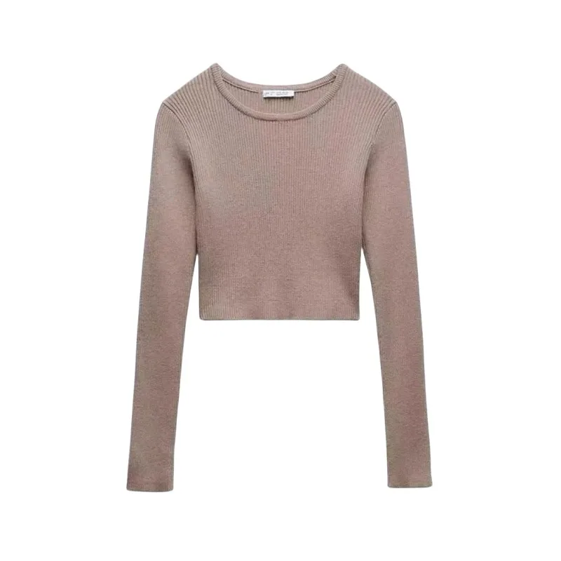 Short knit Top for Women 2024 traf new blend solid color All-match soft touch thread knit long sleeve short top for women