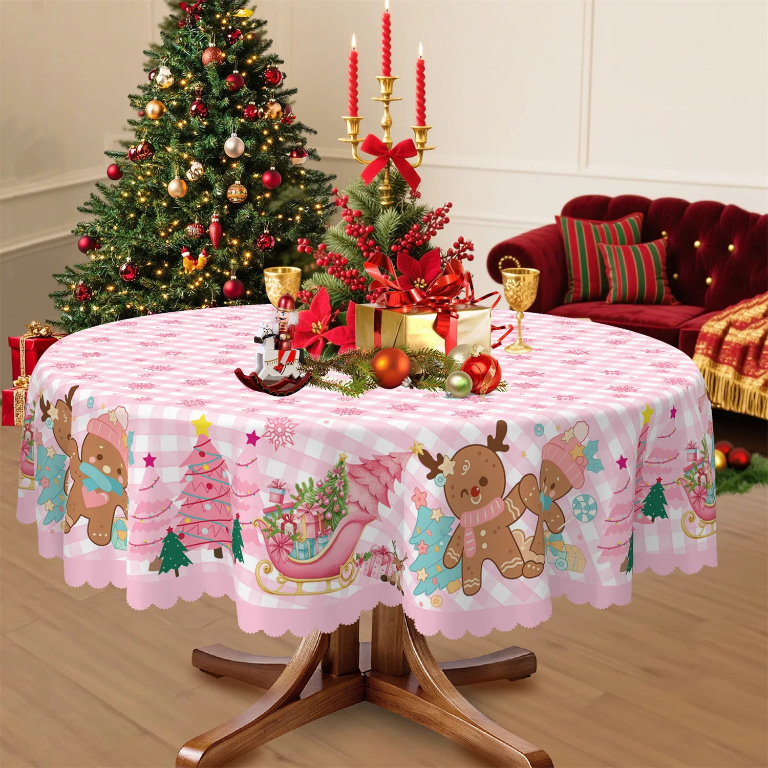 Christmas tree gingerbread man star snowflake gift pink and white plaid Christmas round rectangular tablecloth 1 pack