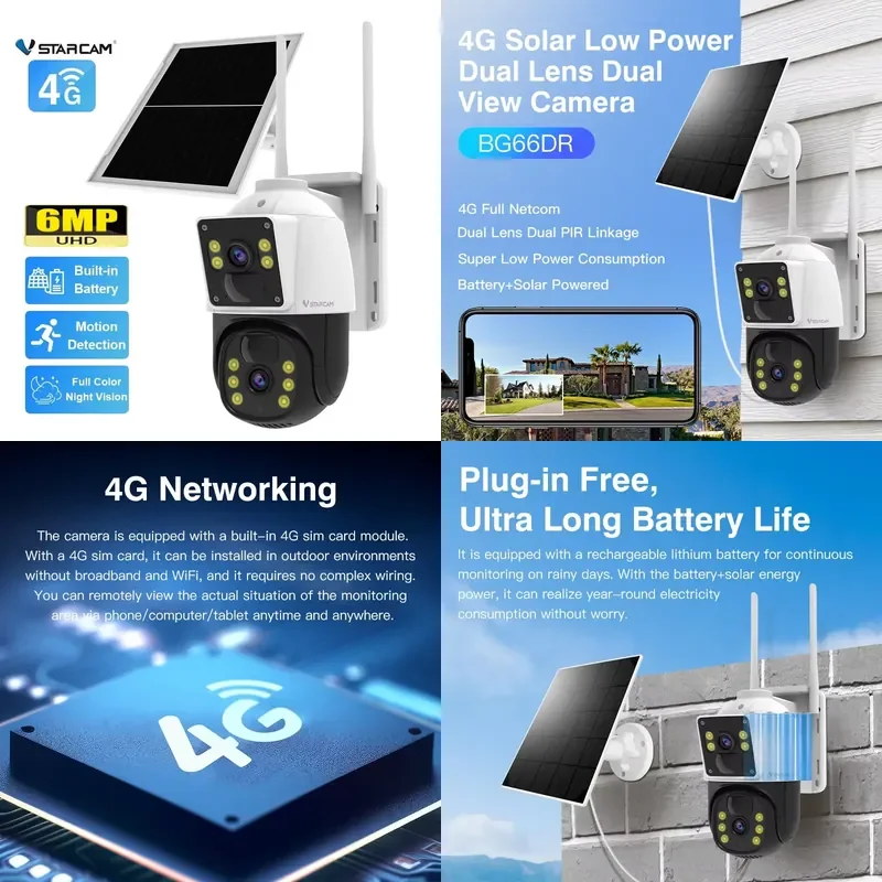 

BG66DR VSTARCAM 2Lens 6MP 3K HD Outdoor Camera 360 PTZ IP CCTV Wireless WIFI Solar 4G Card Camera Security
