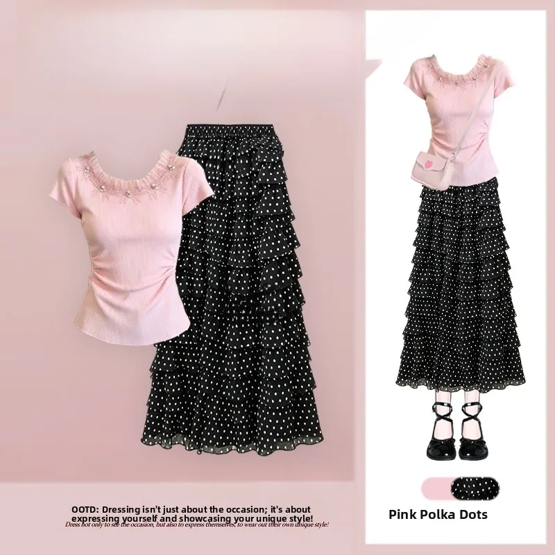 

Elegant Summer Fashion Set Women's Loose Age-Defying Waist-Cut Slimming Short Sleeve Top with Polka Dot Half-length Skirt Two...