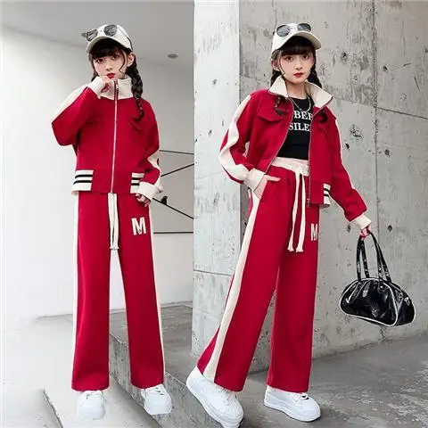 Spring Autumn School Girl Tracksuit 2pcs Elementary Girl High Collar Zipper Sweat Jackets+ Straight Pants Child Sets 4-12Years