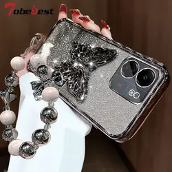 3D Butterfly Phone Holder Bead bracelet Glitter Plating Case for Xiaomi Redmi 13C 13R 13 12 12C 10 10C 10A 9 9A 9C 4G 5G Cover