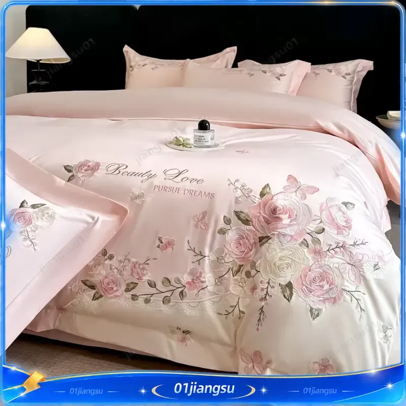 100% Cotton Bedding Set Luxury Floral Butterfly Embroidery Duvet Cover Fitted Sheet Pillowcase Home Textile Queen King Size