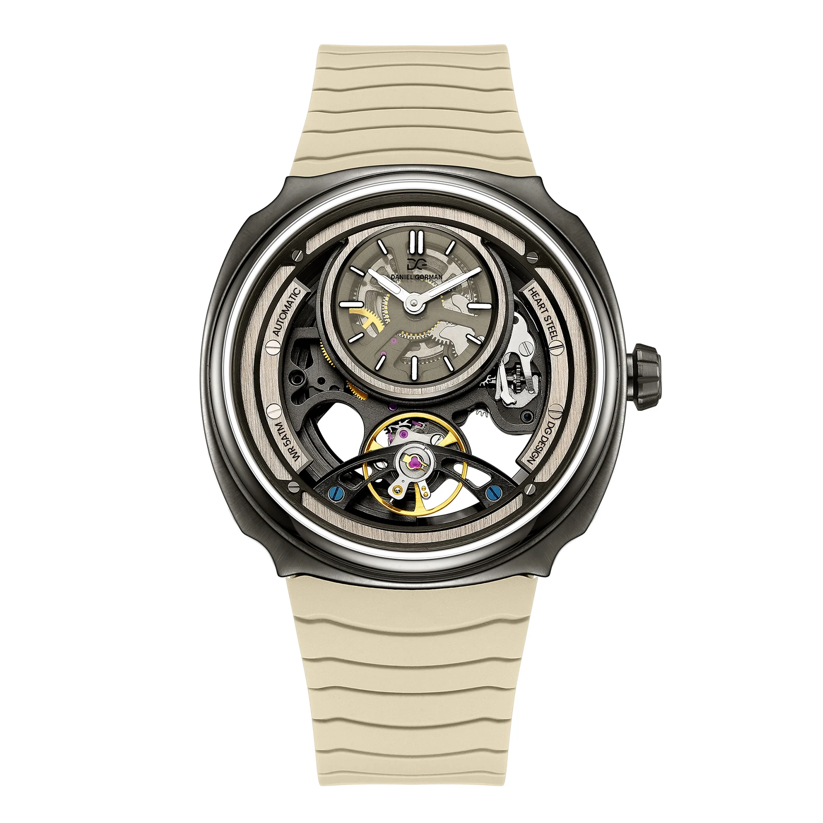 Dg 8127 Sports Automatical Watch Men Beige Silicone Strap Waterproof Luminous Skeleton Dial Mechanical Wristwatch DG8127