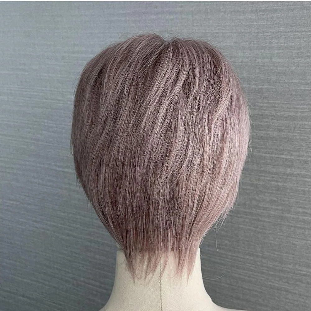 Wig lurus pendek Pria, Wig Cosplay halus tahan panas dengan poni sintetis untuk pesta sehari-hari