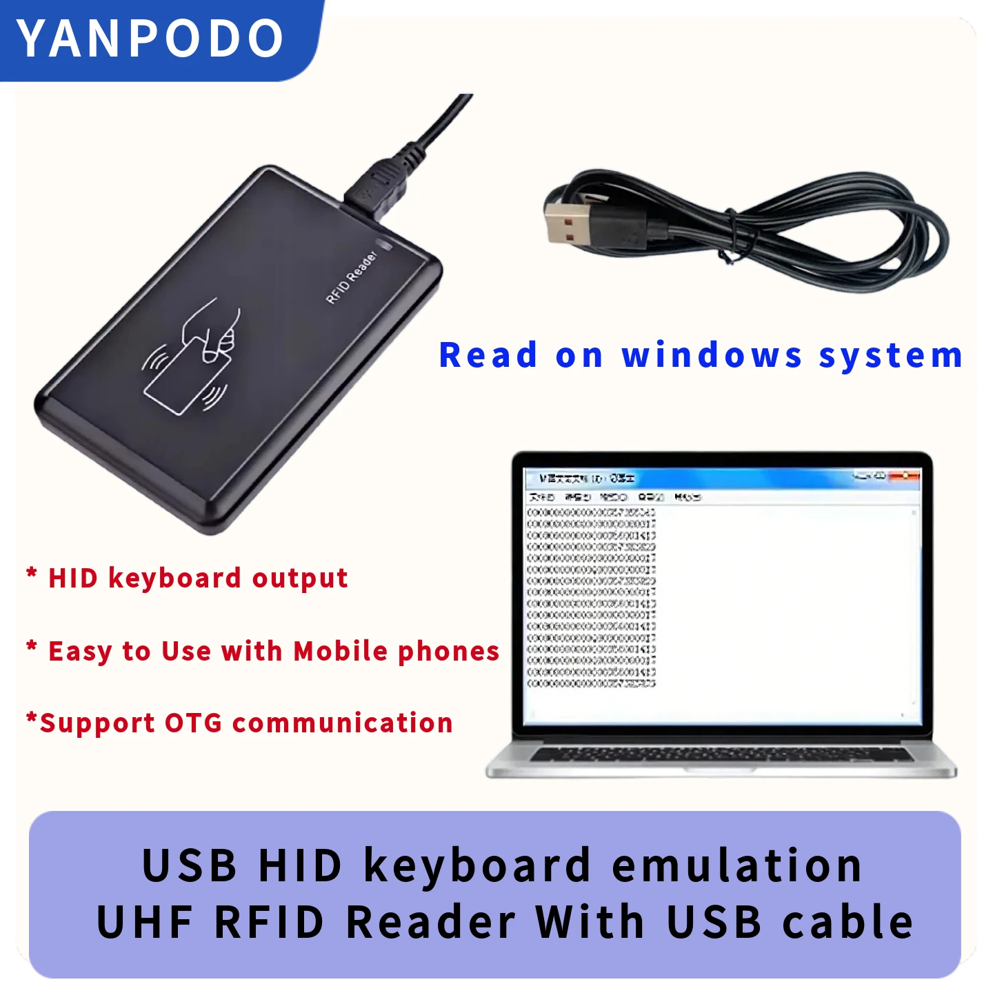 Portable UHF RFID Reader Writer 860-960MHz  Plug and Play USB OTG HID  Compatible with Android iOS Windows