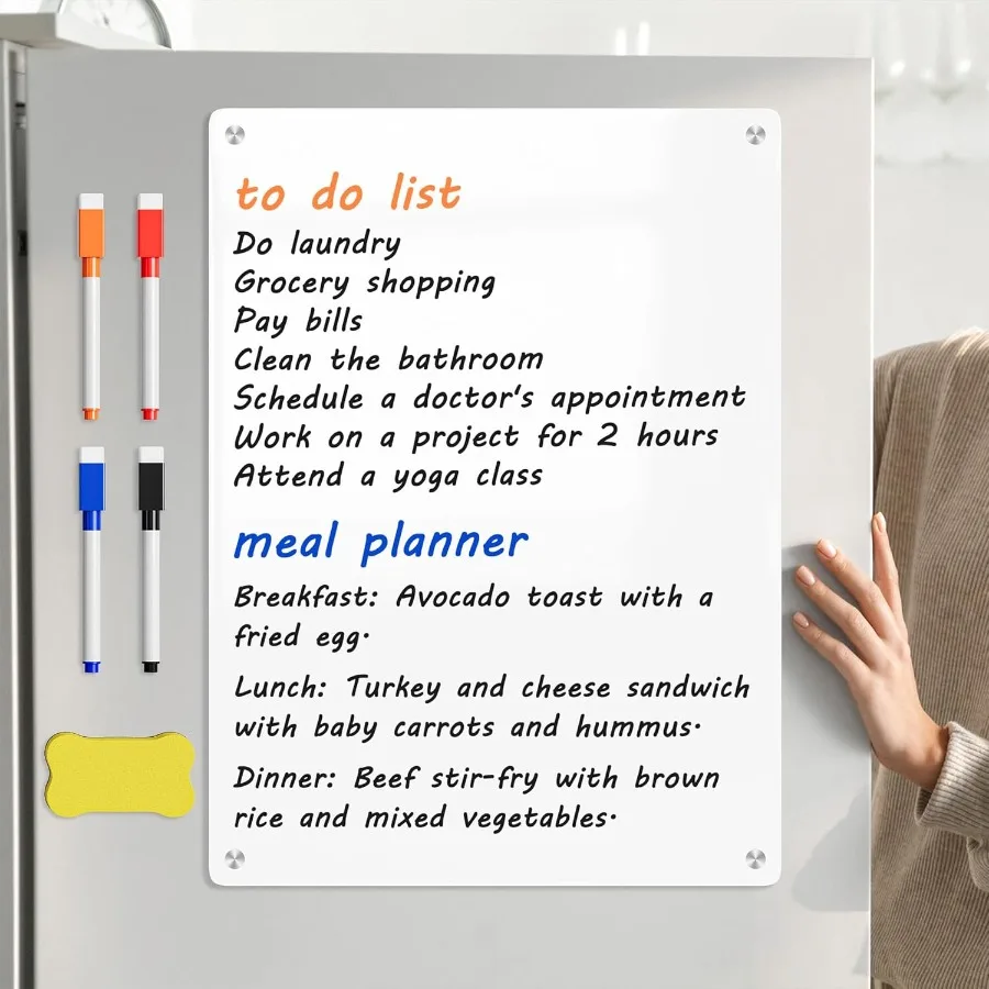 سبورة بيضاء مغناطيسية للثلاجة، لوح مسح جاف من الأكريليك اللامع، لوح تخطيط أبيض للثلاجة مقاس 12 × 9 بوصة، مفكرة صغيرة مزدوجة الجوانب