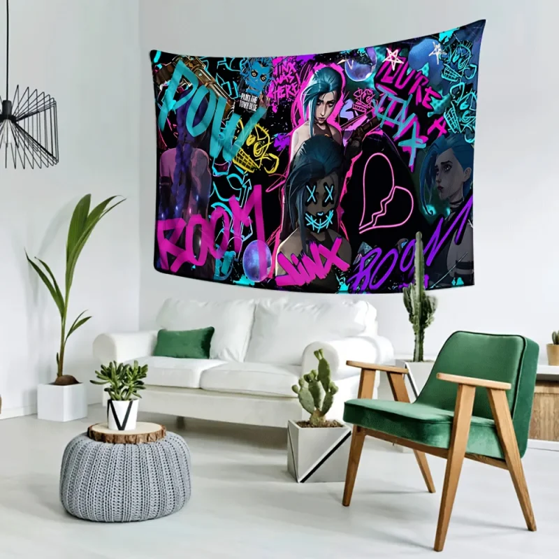 VIKAMA League of Legends Jinx Neon Graffiti Tapestry Cyberpunk Style Jinx Character Wall Hanging for Gaming Fan Bedroom Decor