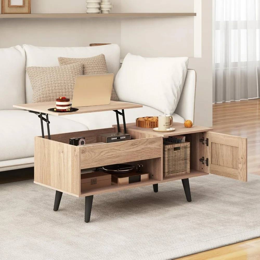 Lift Top Coffee Table with Storage, Living Room Table with Hidden Compartment, Cabinet & Open Shelf, Flip Top Center Table