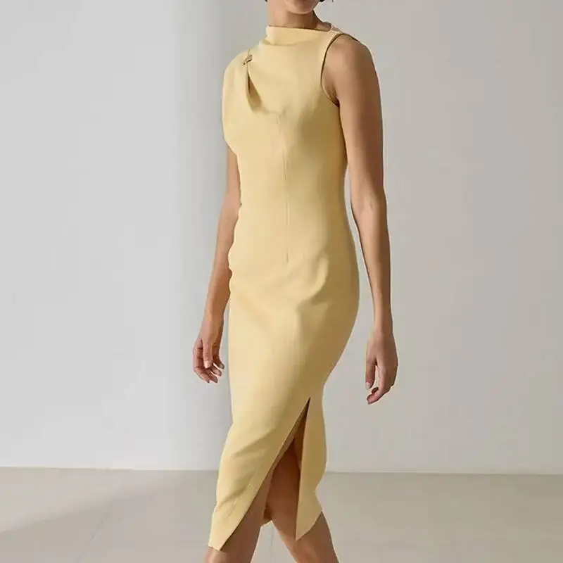 Abito primaverile girocollo con spacco laterale cavo Boho elegante da ufficio da donna solido dritto da festa donna aderente aderente sui fianchi Mujer